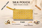 MY GOD GIFT Yellow Silk Canvas Wristlet Zipper Pouch with Red & White Stitched Grid Design (Size 9 X 5 Inches) Combo 3