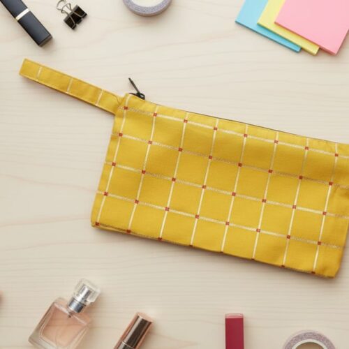 My God Gift Silk Canvas Wristlet Zipper Pouch with Red & White Stitched Grid Design (Size 9 X 5 Inches) ||